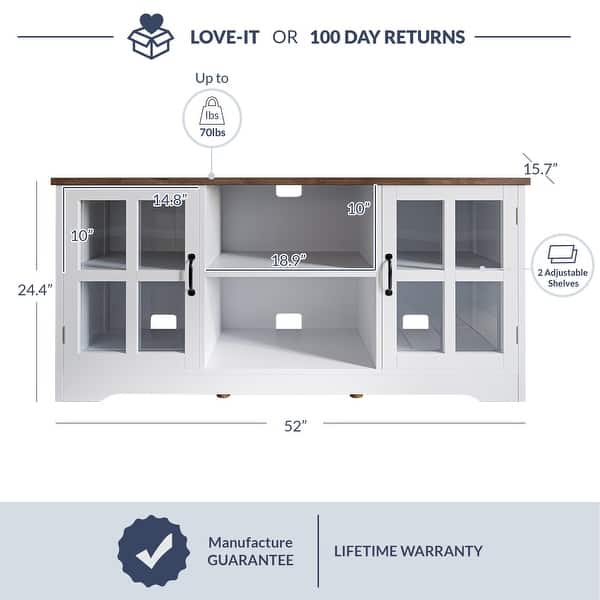 BELLEZE Cori 52" TV Stand Wood & Glass For TVs Up To 55", White On